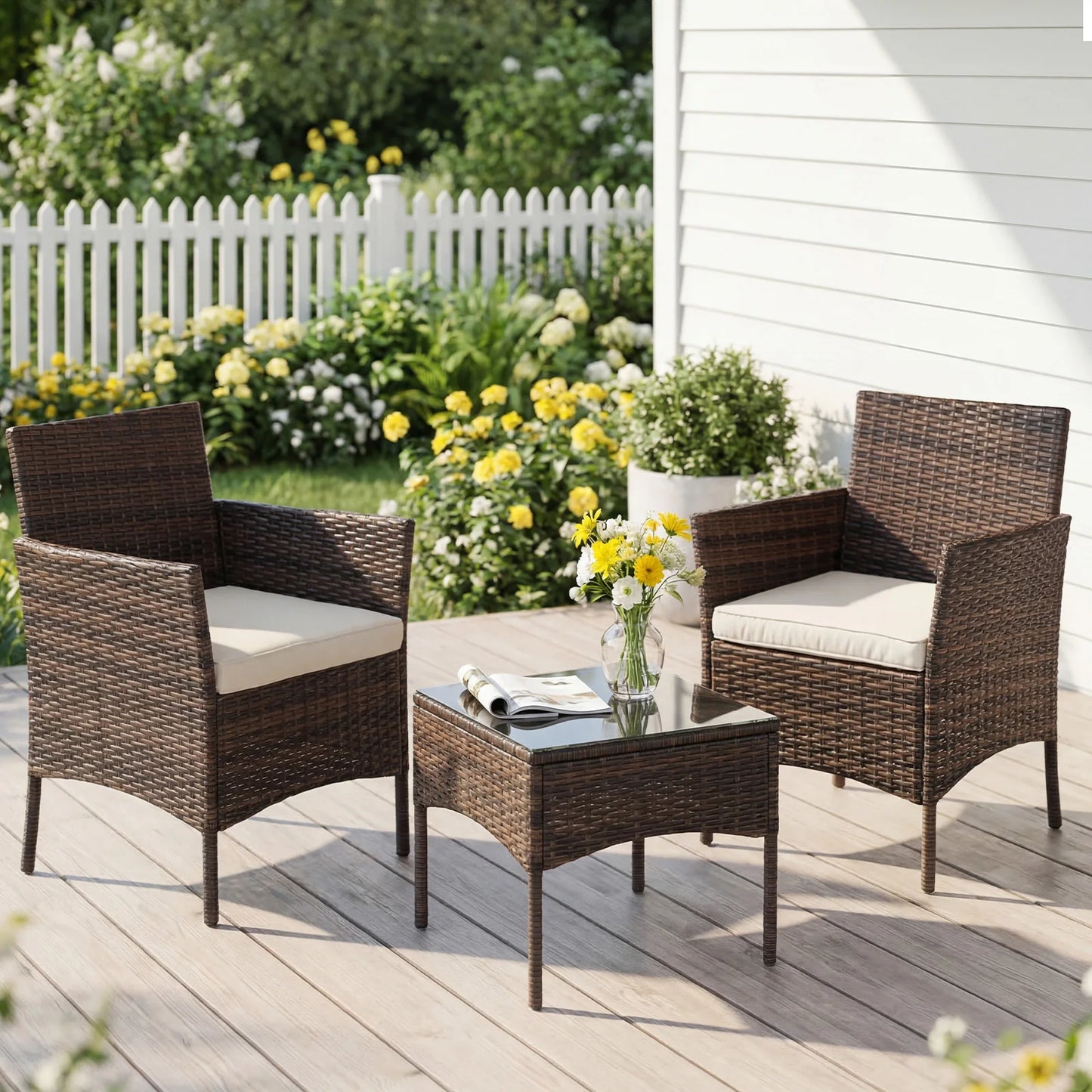 JHK Outdoor Rattan Patio Furniture Set With Wicker Chairs And Glass Table
