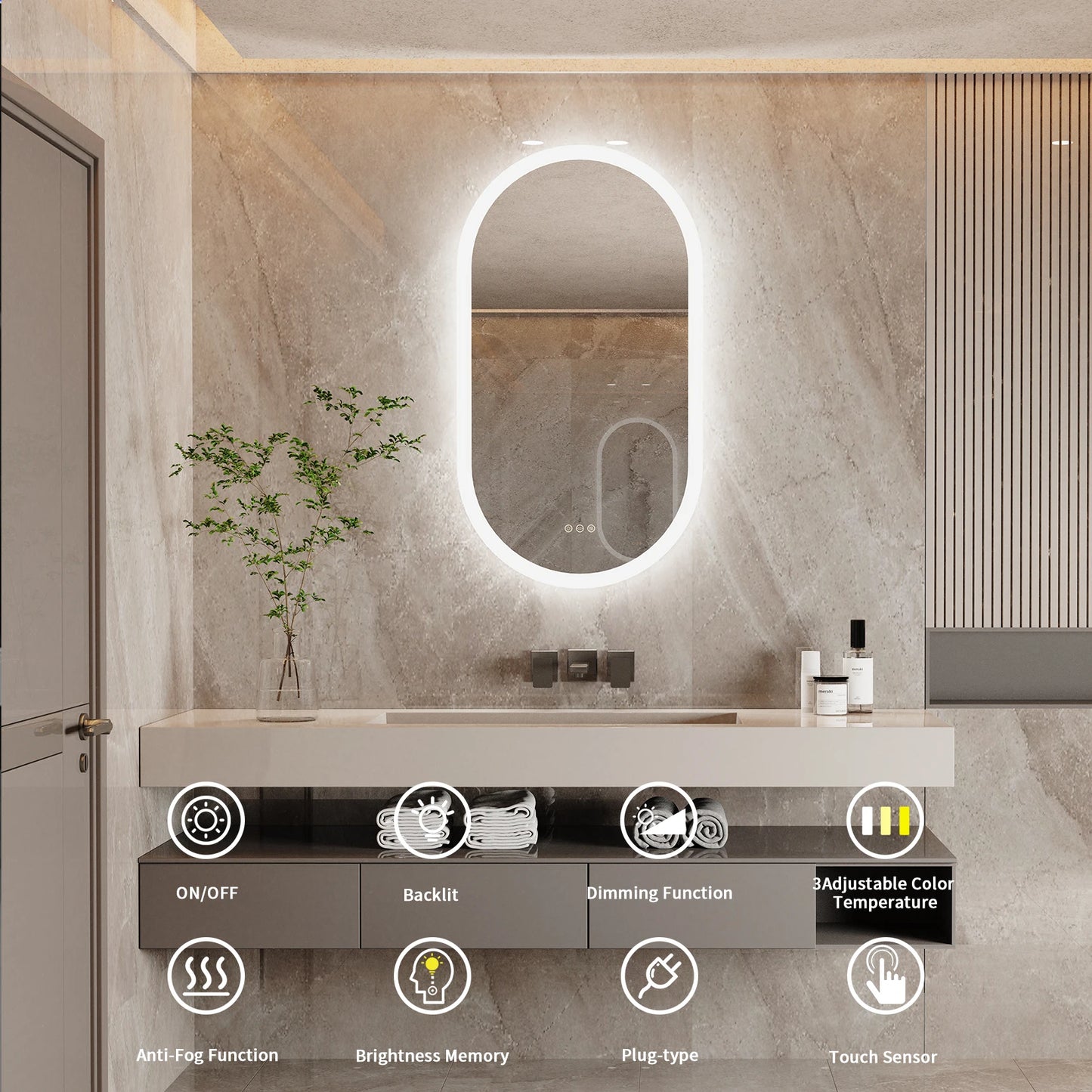 Wisfor LED Bathroom Mirror Wall Mounted Oval Backlit Vanity With Anti Fog