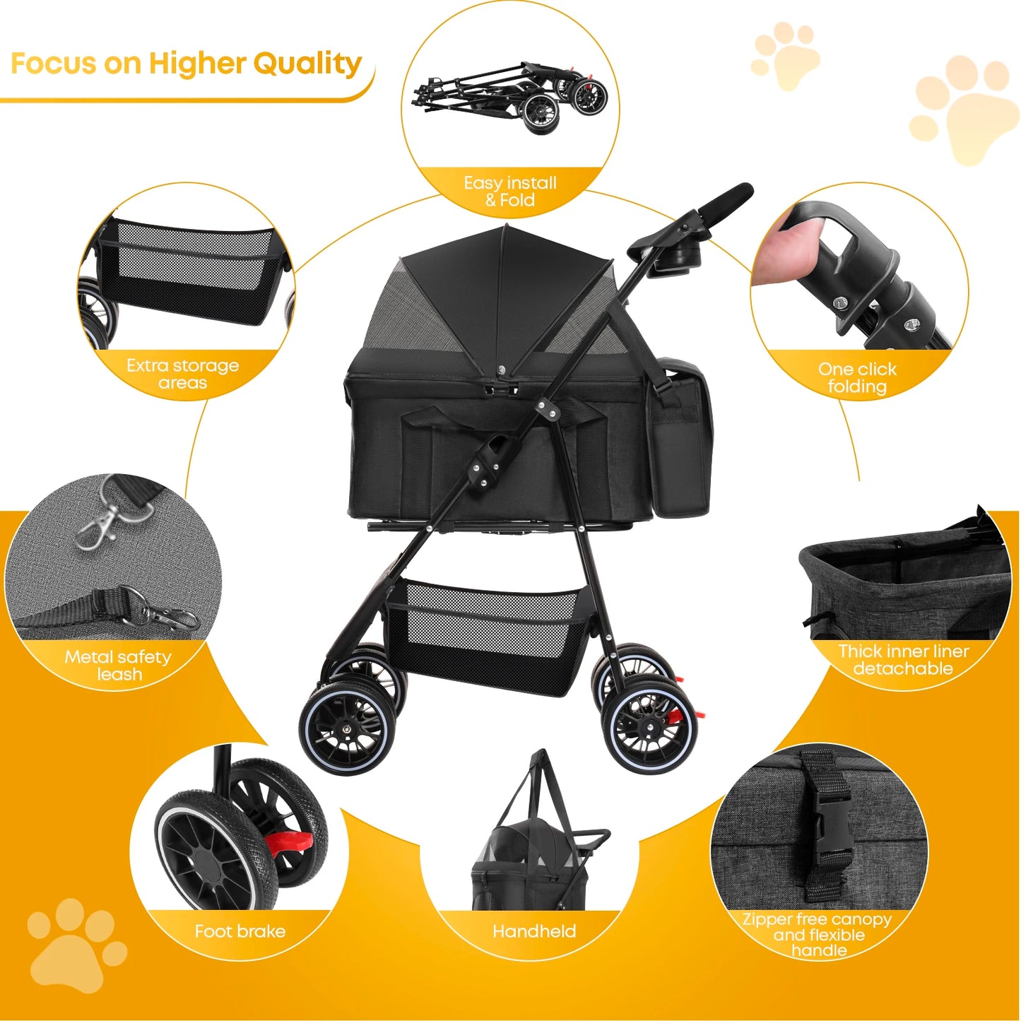 3 in 1 Pet Stroller for Medium Dogs Cats - Portable Foldable Dog Stroller with Removable Carrier, All-Terrain 4 Wheels Cat Strol