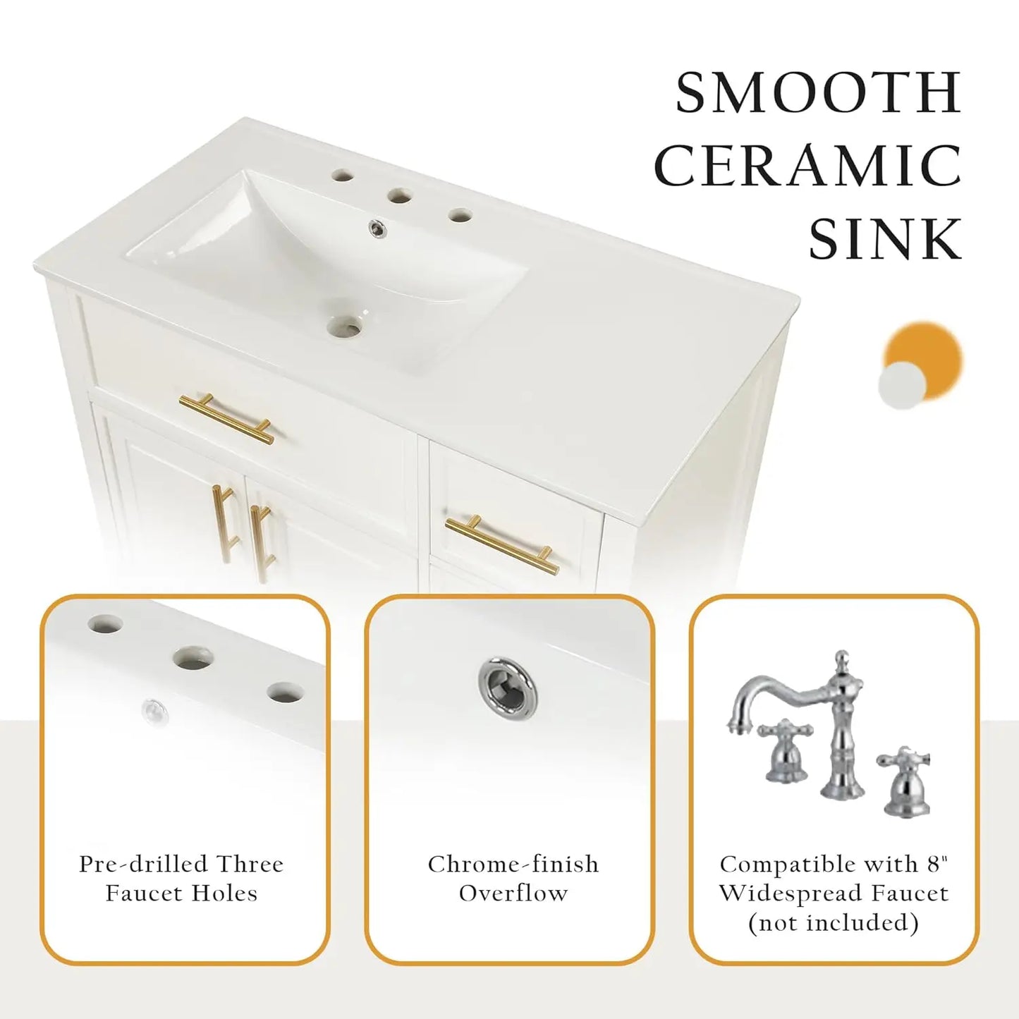 36" Bathroom Vanity with Sink, Bathroom Cabinet with Two Doors and Three Drawers, White Undermount Left Side, Customized