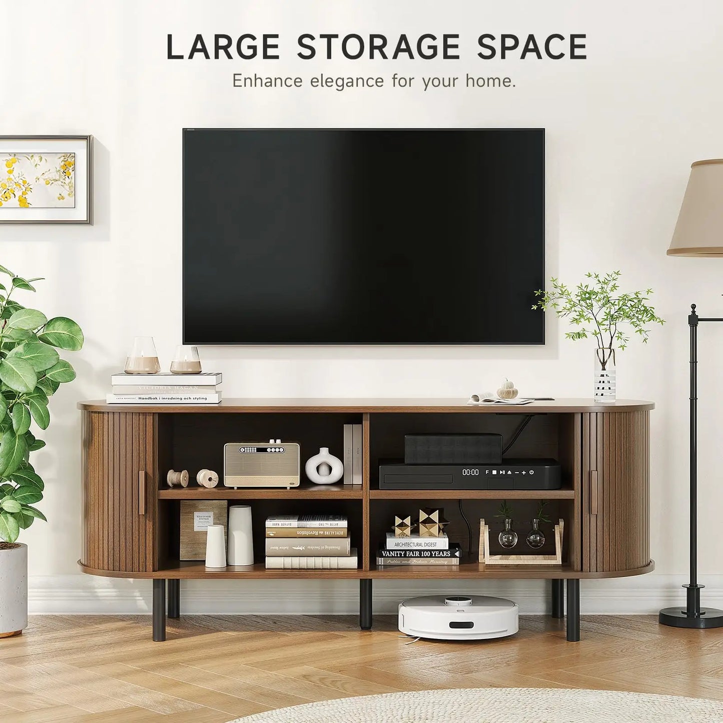 ONBRILL TV Stand With Power Outlet Sliding Doors And Adjustable Shelves