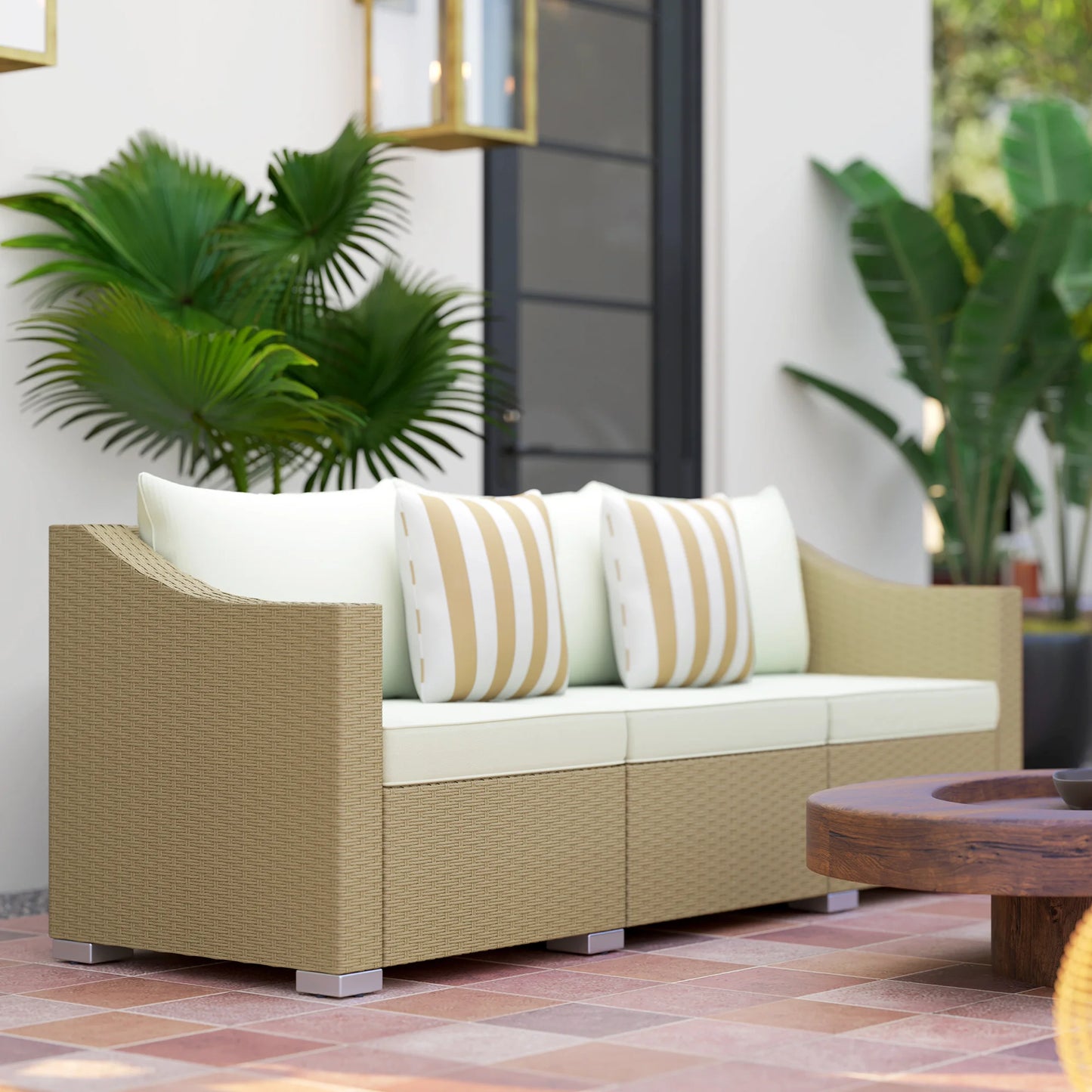 Outdoor Wicker Patio Sofa With Cushions And Throw Pillows