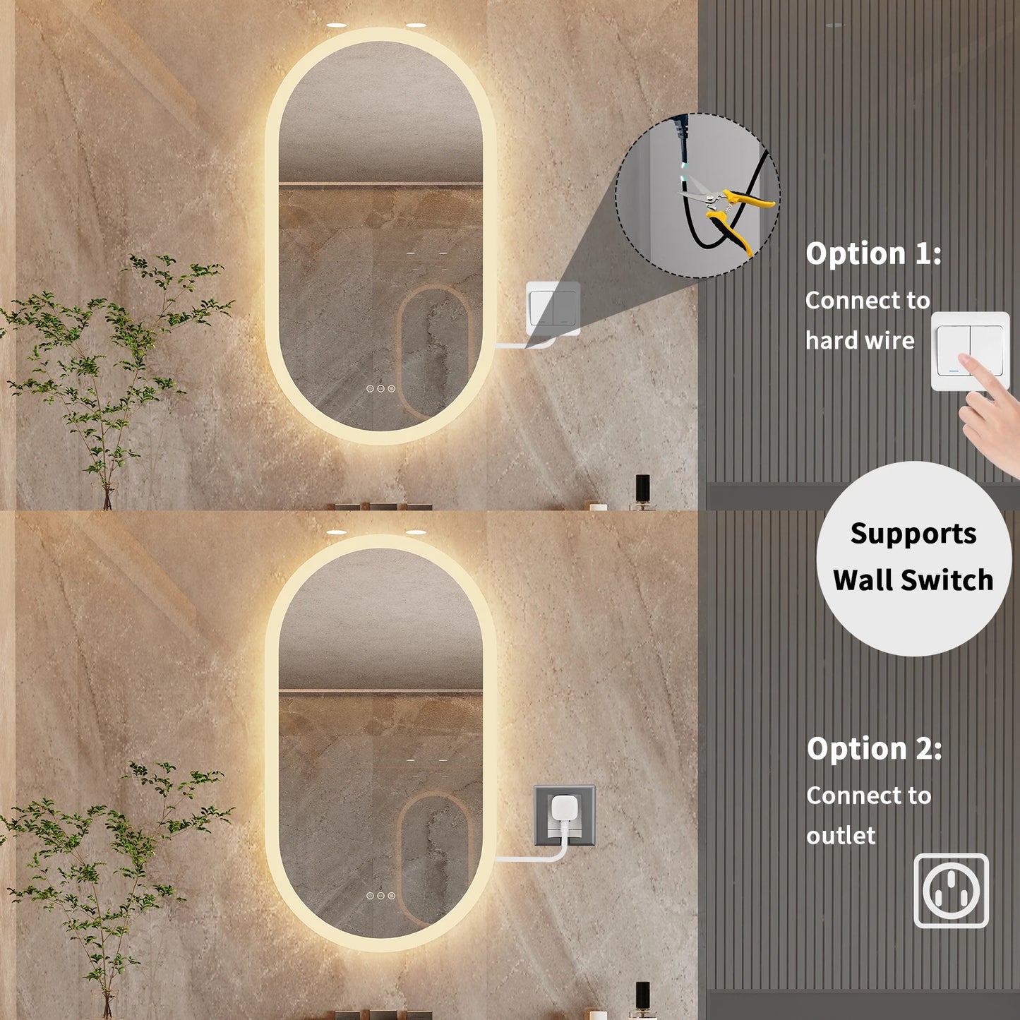 Wisfor LED Bathroom Mirror Wall Mounted Oval Backlit Vanity With Anti Fog