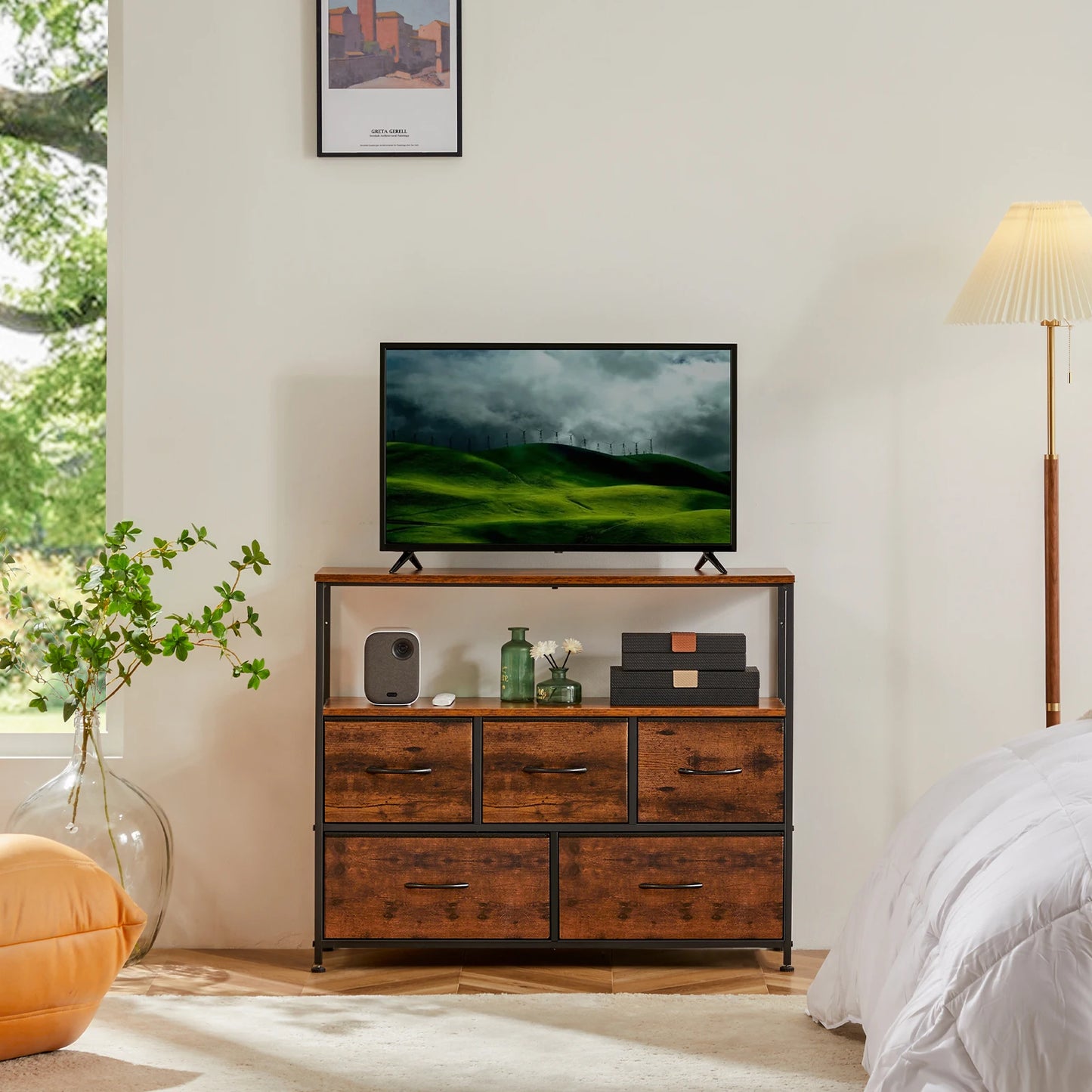 JHK Fireplace TV Stand Dresser With Fabric Drawers And Storage