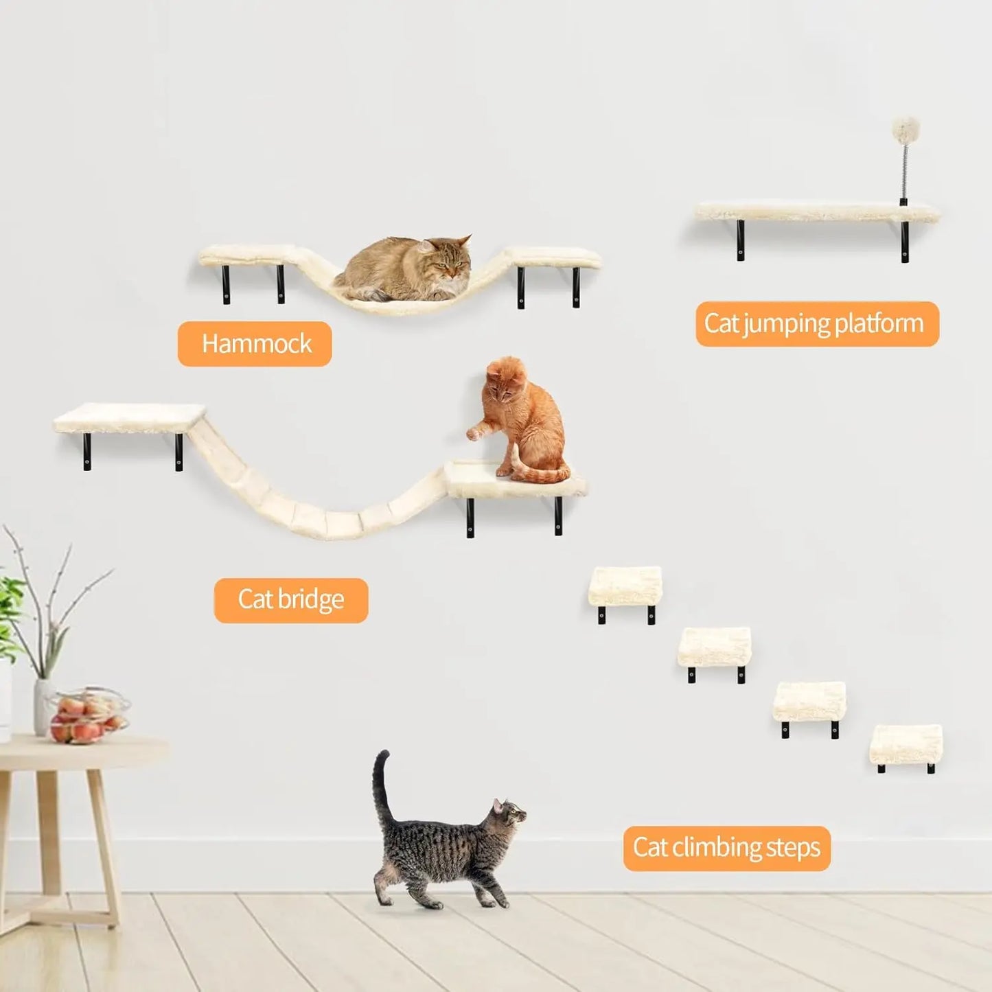 Wall Mounted Cat Climber Set With Shelves And Hammock