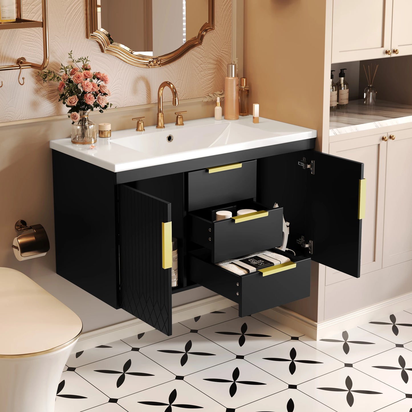 Floating Solid Wood Wall Mounted Bathroom Vanity With Two Drawers