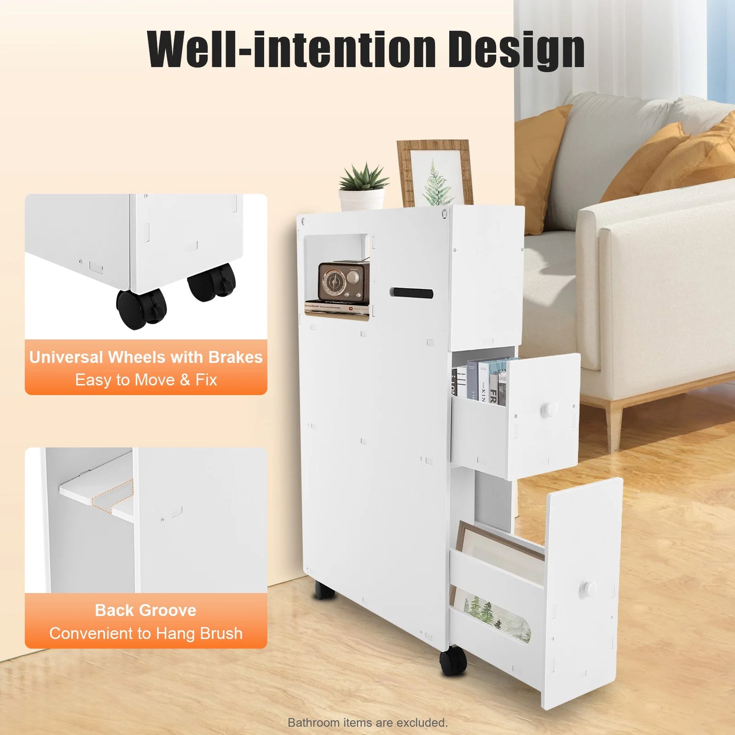 Bymaocar Bathroom Storage Cabinet Narrow Lockable Wheeled Organizer