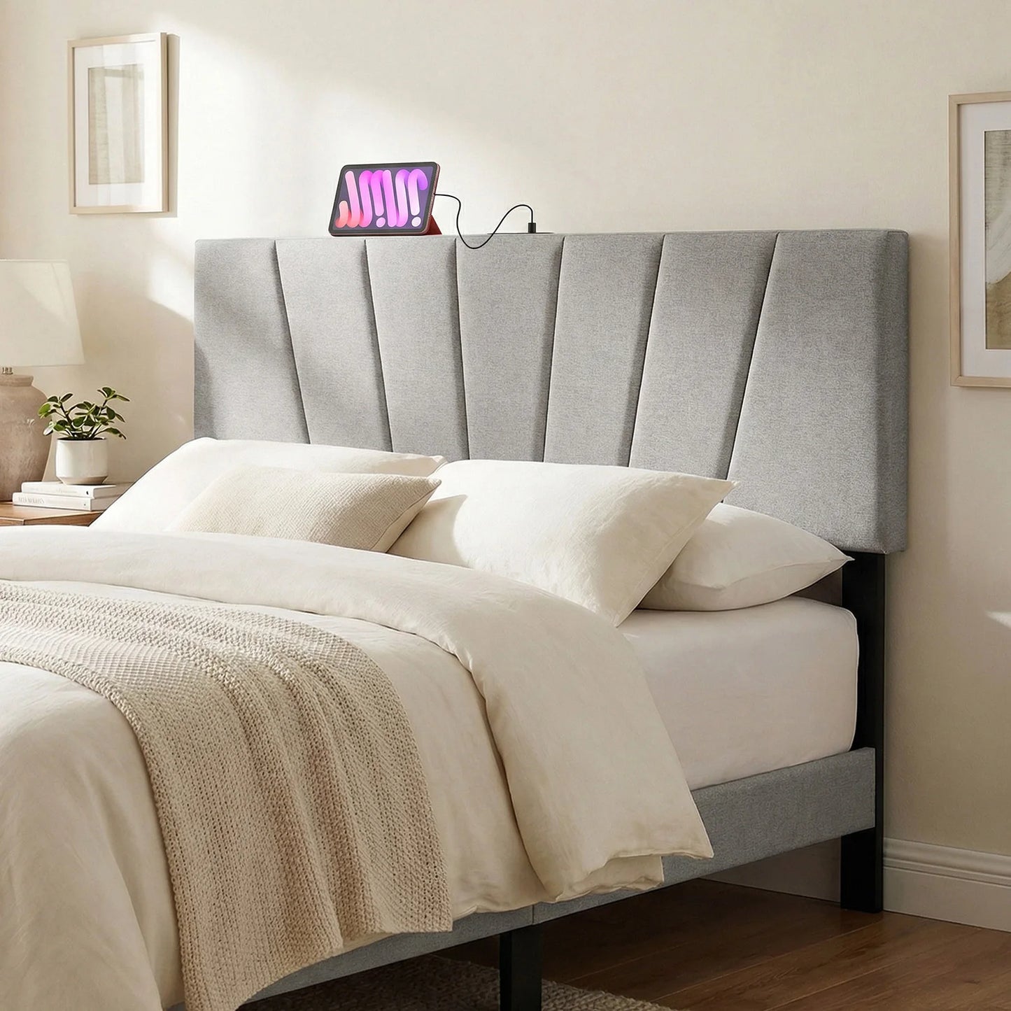 HOMASIS Geometric Upholstered Headboard With 2 AC Outlets