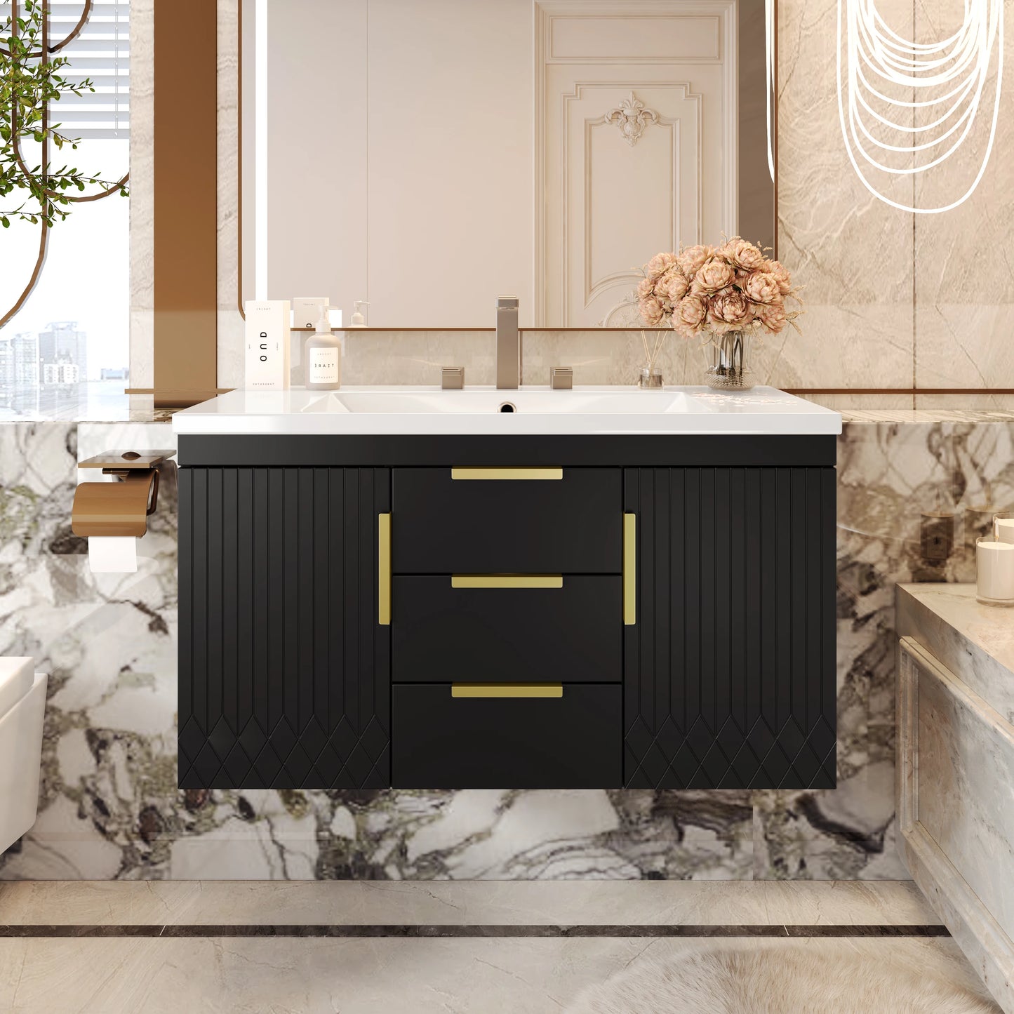 Floating Solid Wood Wall Mounted Bathroom Vanity With Two Drawers
