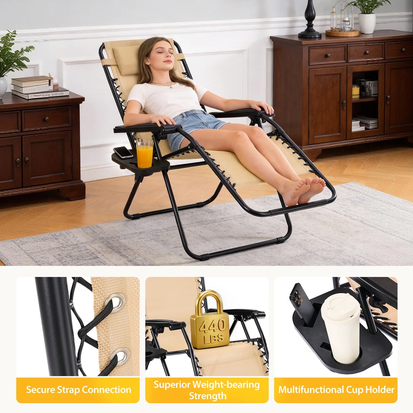 JHK Portable Zero Gravity Outdoor Recliner Chairs Set Of 2 With Cup Holder Trays