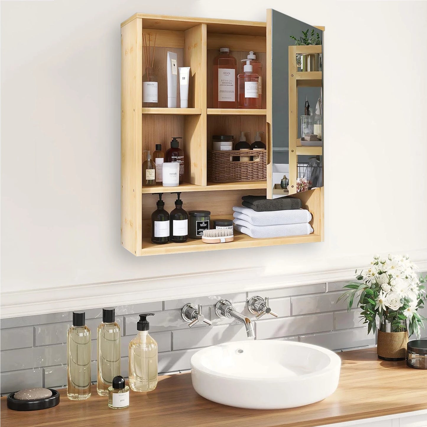 Wisfor Bamboo Bathroom Cabinet With Mirror And Storage Shelves