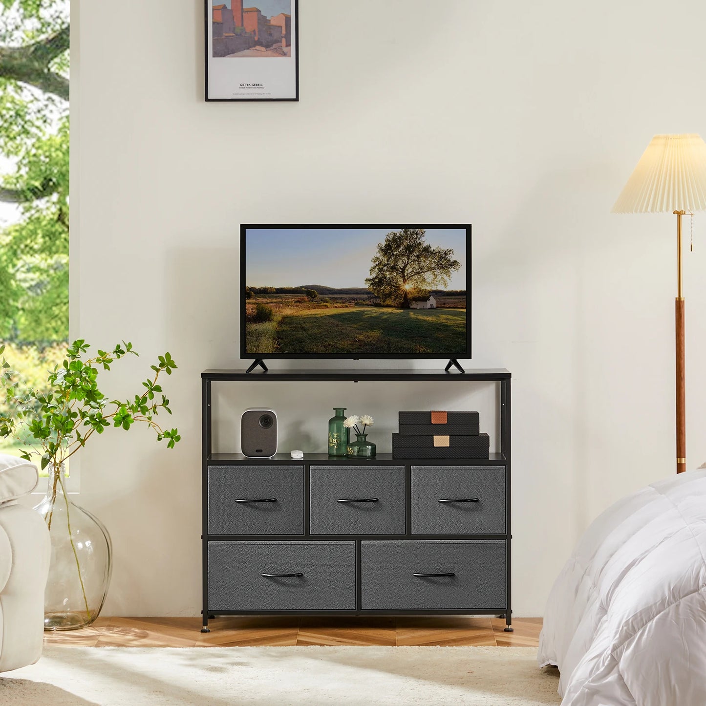 JHK Fireplace TV Stand Dresser With Fabric Drawers And Storage