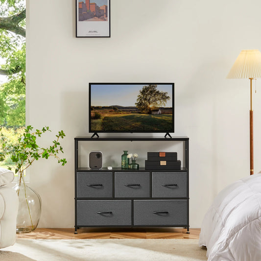 JHK Fireplace TV Stand Dresser With Fabric Drawers And Storage