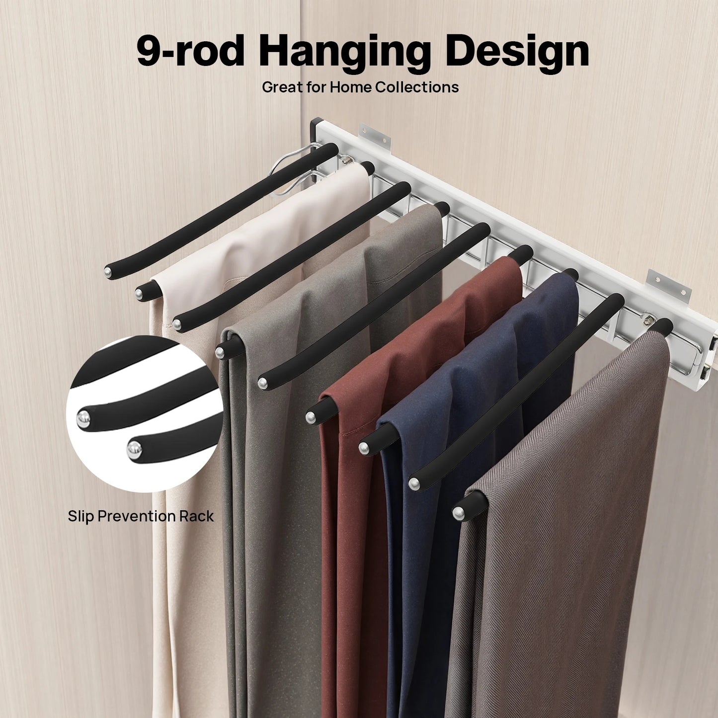 Bymaocar Pull Out Trousers Rack 9-Rod Retractable Wardrobe Organizer