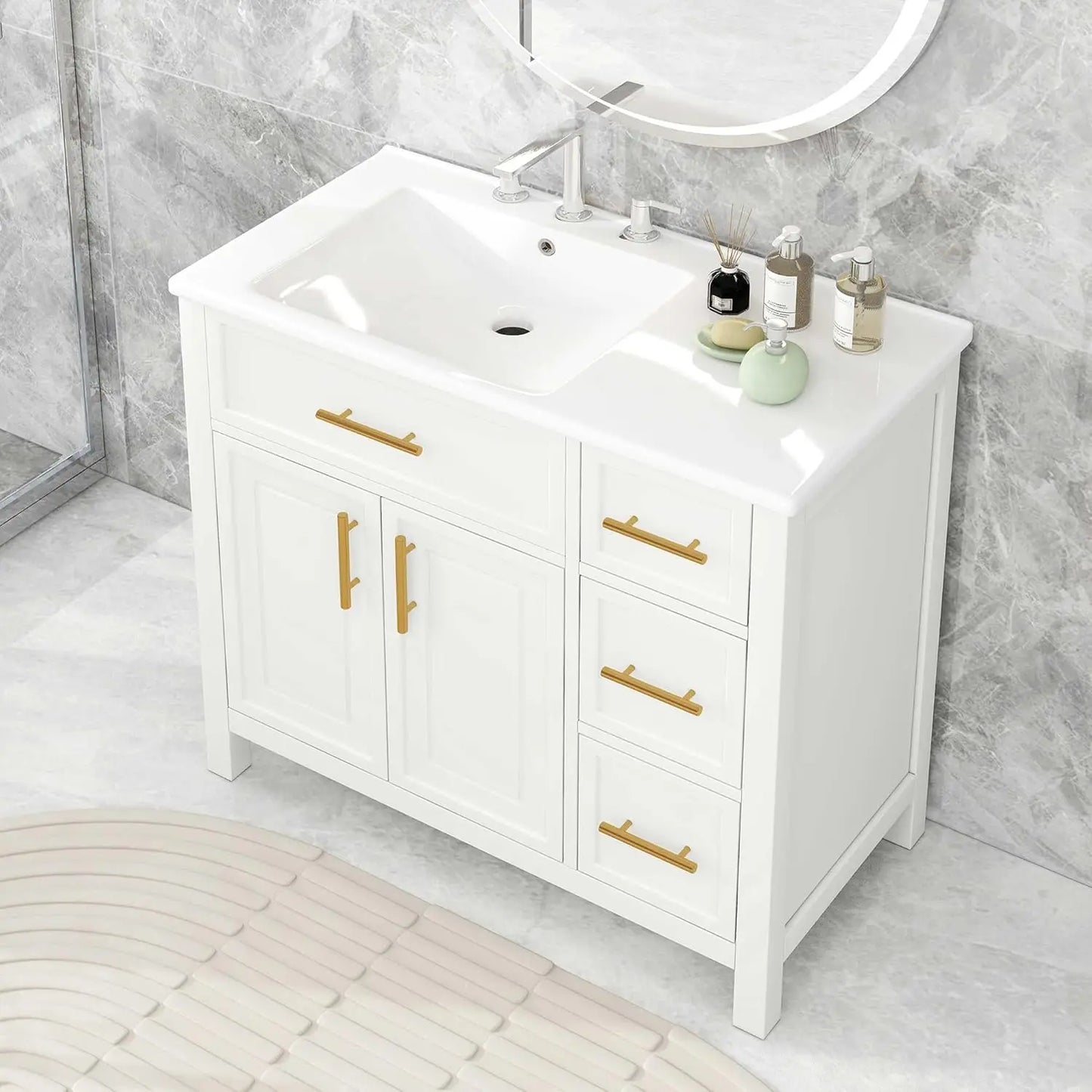 36" Bathroom Vanity with Sink, Bathroom Cabinet with Two Doors and Three Drawers, White Undermount Left Side, Customized