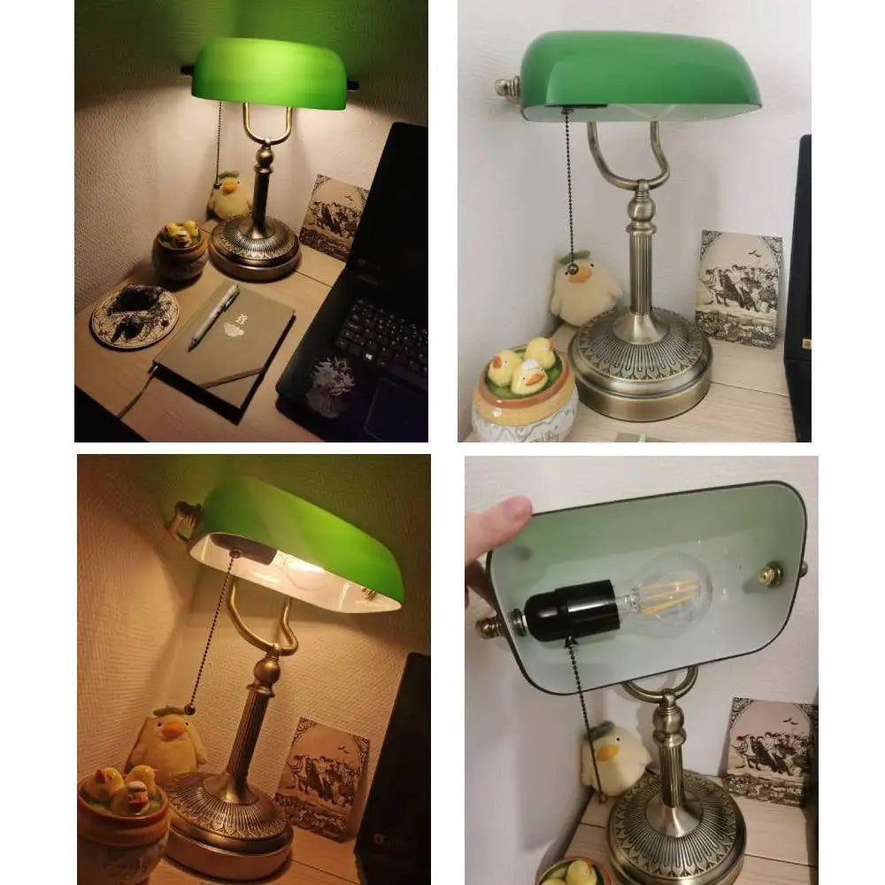 Newrays Emerald Glass Banker Table Lamp Plug-In With Zipper Switch