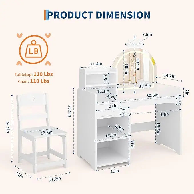HiMISS Kids Vanity With Lights 2-in-1 Makeup Desk Chair