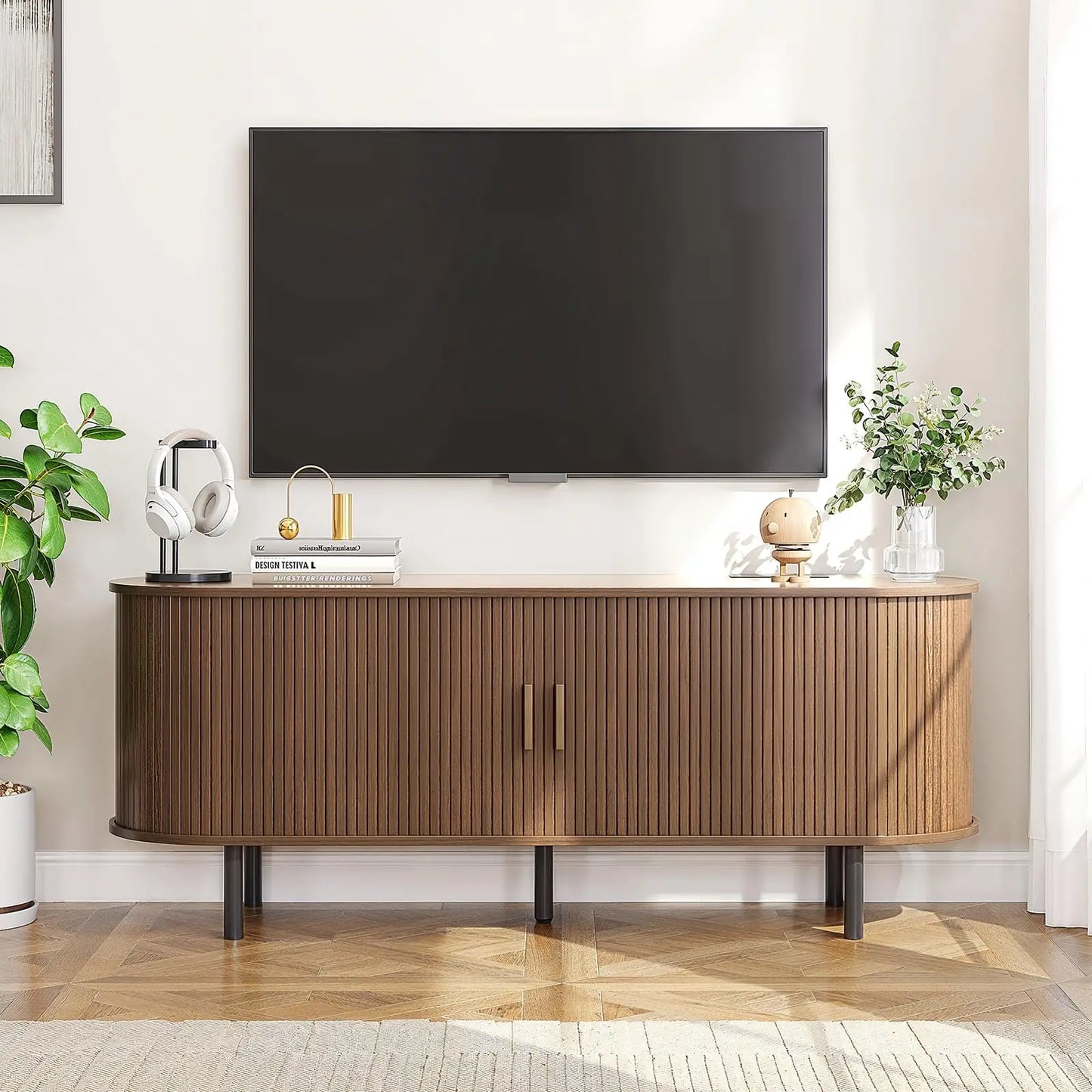 ONBRILL TV Stand With Power Outlet Sliding Doors And Adjustable Shelves