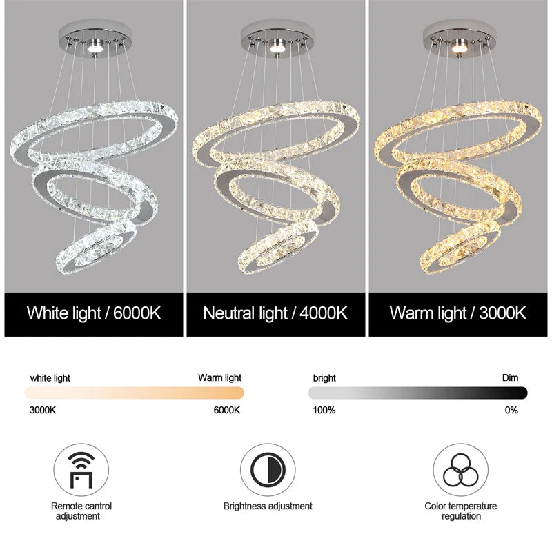 Modern Crystal Ring LED Chandelier Pendant Light With Dimming Remote