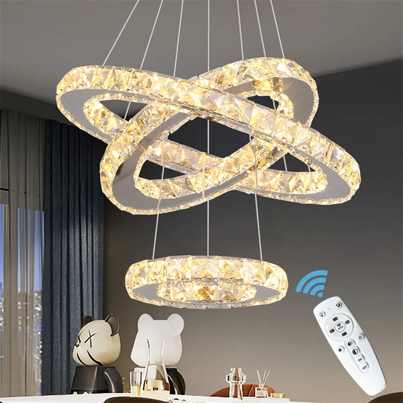 Modern Crystal Ring LED Chandelier Pendant Light With Dimming Remote