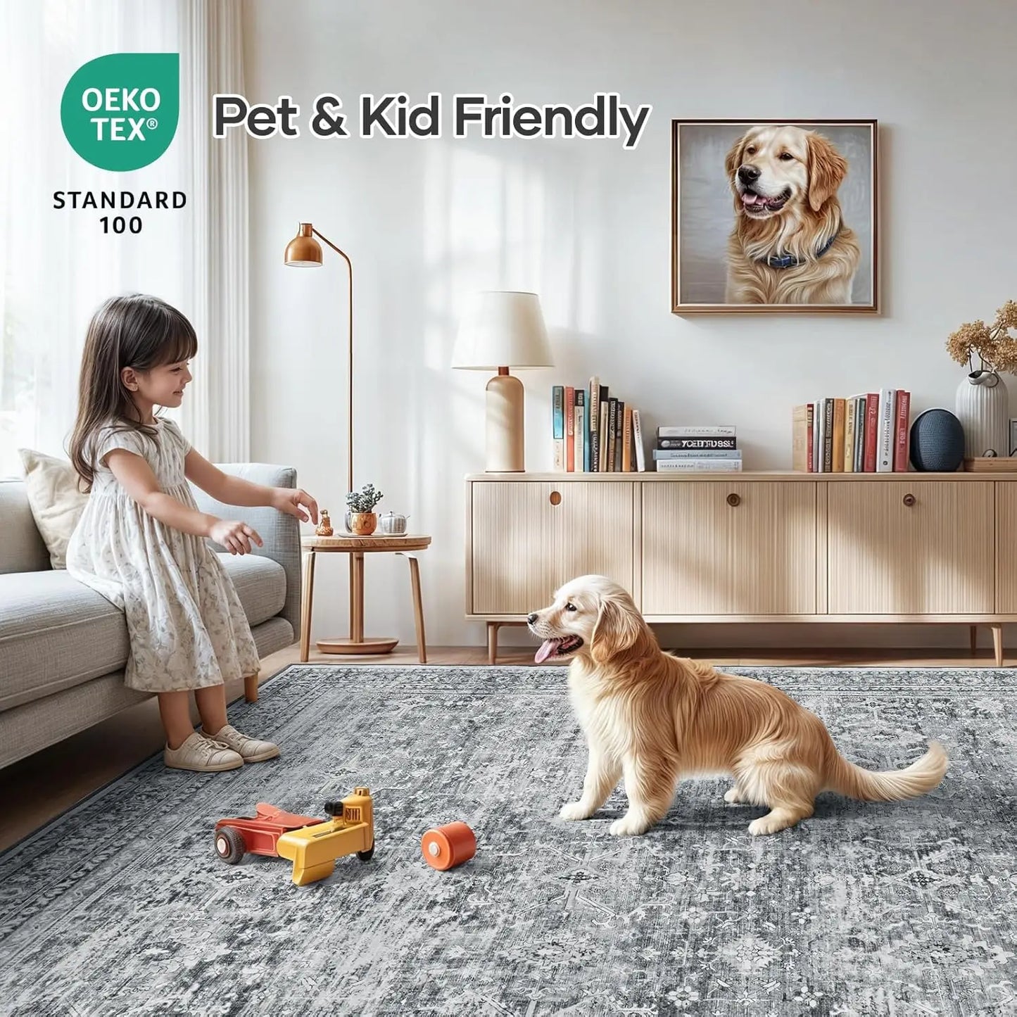 Washable Area Rug With Non-Slip Backing And Floral Design