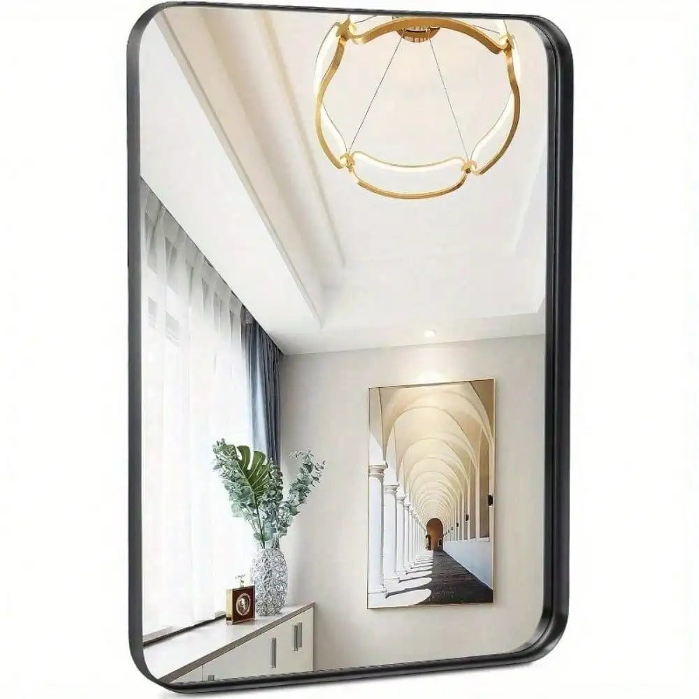 Home Black Bathroom Wall Mirror Metal Frame Rectangular Anti-Rust Vanity Mirror
