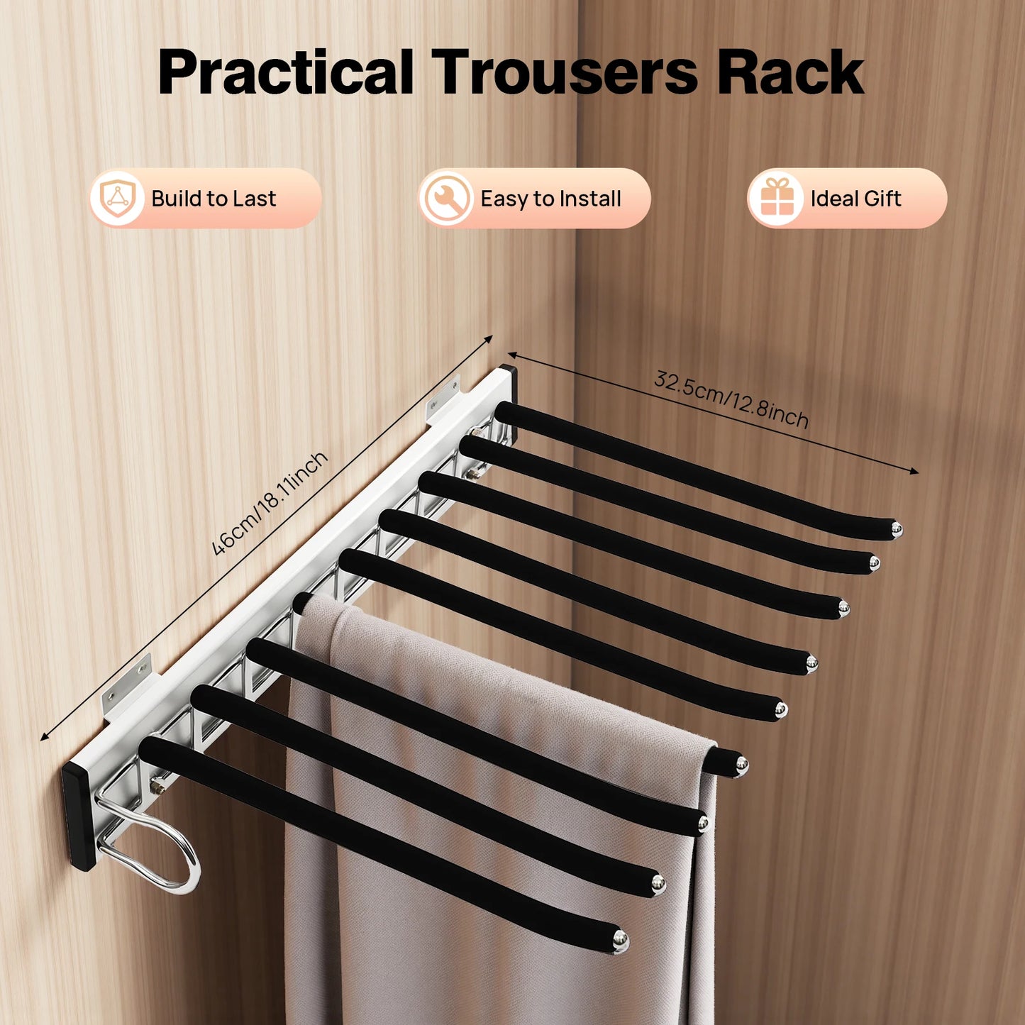 Bymaocar Pull Out Trousers Rack 9-Rod Retractable Wardrobe Organizer
