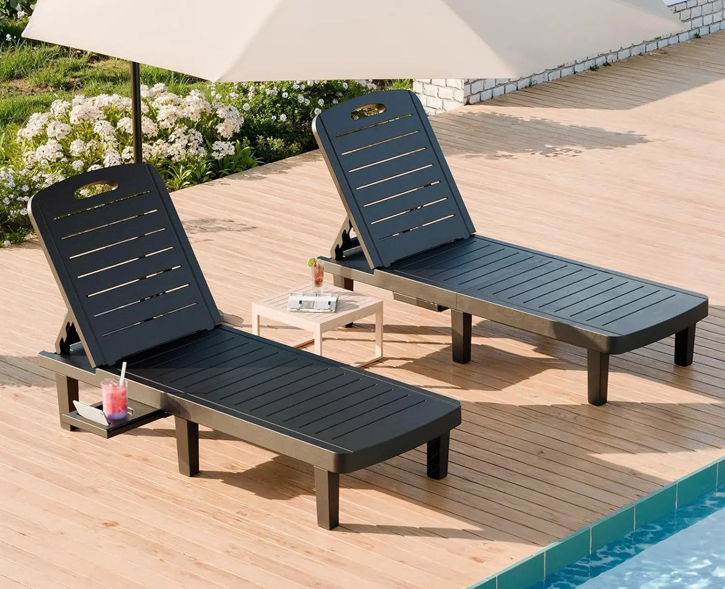 Waterproof Adjustable Resin Chaise Lounge Chair Set With Cup Holder