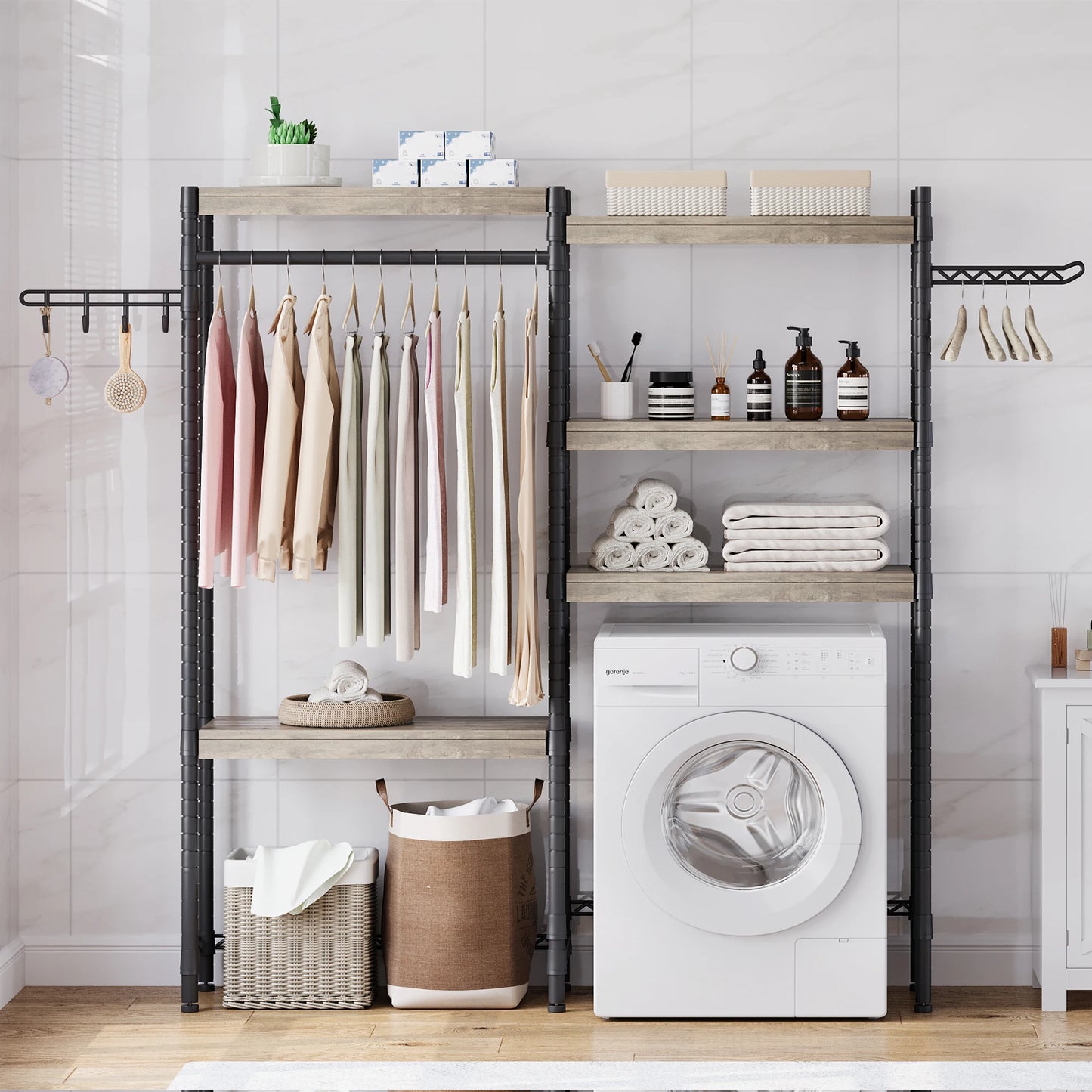 TWISTER.CK Over Washer Dryer Shelf 5 Tier Wood Laundry Organizer