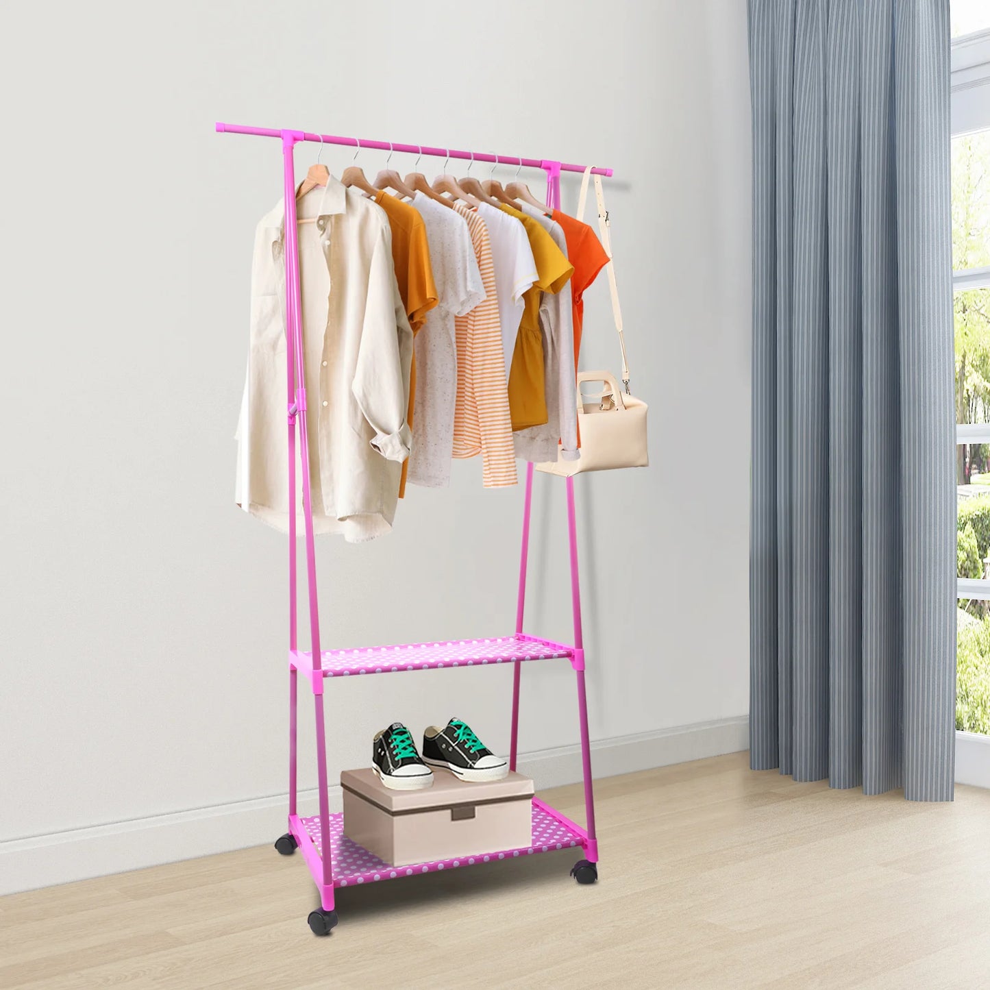 Stainless Steel 2-Tier Clothes Rack With Wheels And Hooks