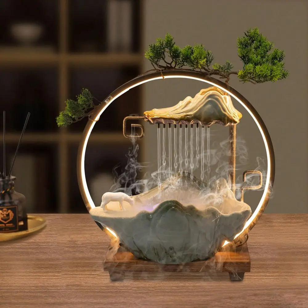 Tabletop Indoor Water Fountain With Fake Plants Mist Zen Decor
