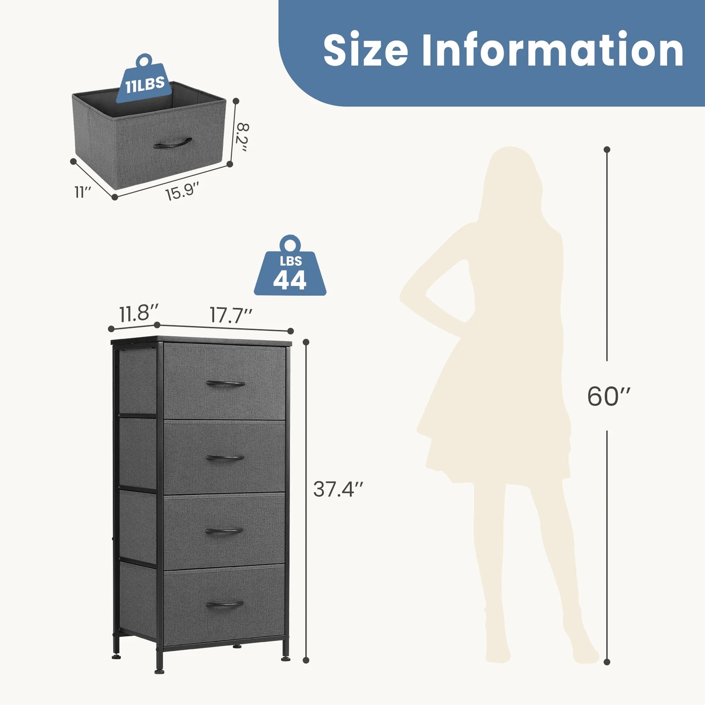 JHK Modern Dresser With 4 Fabric Drawers And Steel Frame