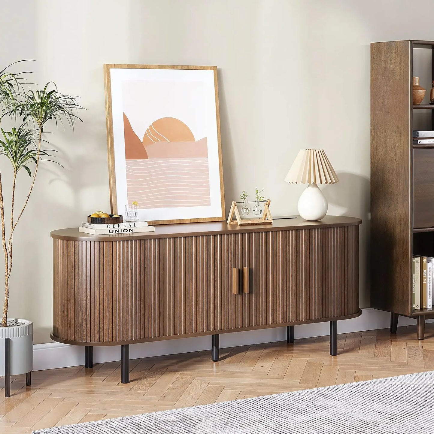 ONBRILL TV Stand With Power Outlet Sliding Doors And Adjustable Shelves