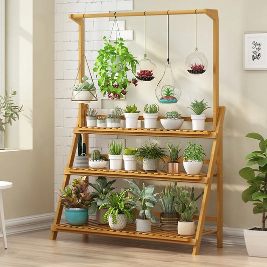 Folding Bamboo Plant Stand 3 Tier Indoor Outdoor Garden Shelf