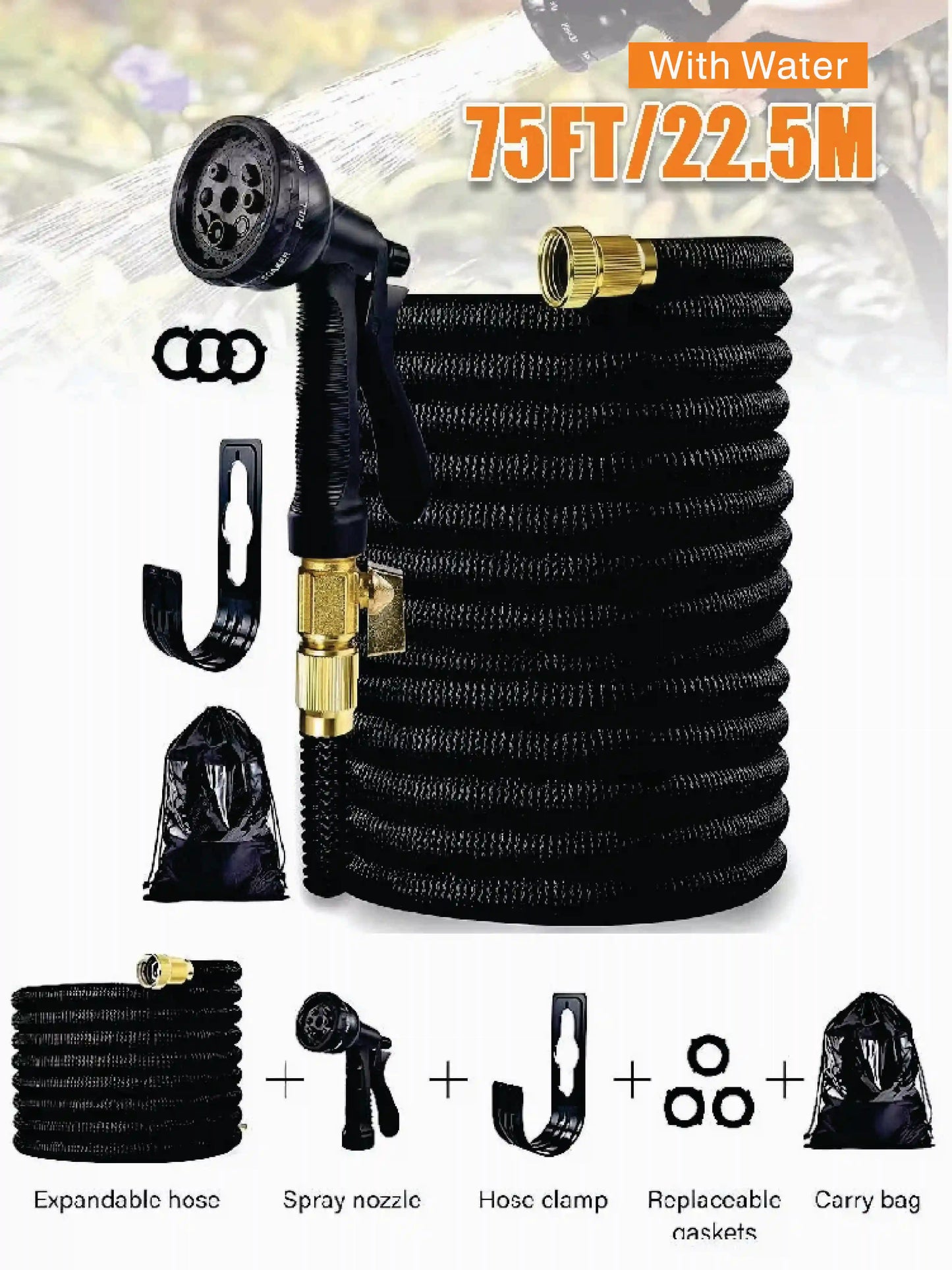 Expandable Garden Hose Kit With Nozzles For Lawn Car Wash