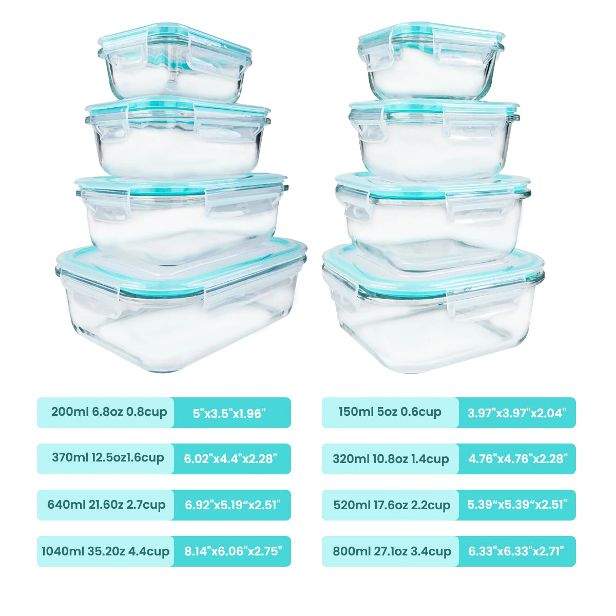 Glass Food Storage Containers Set Eight Pieces Leakproof Microwave Safe