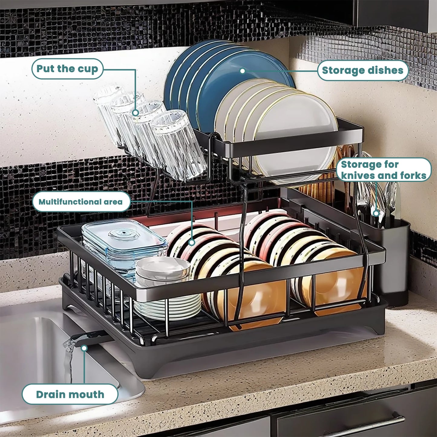 Two Tier Dish Drying Rack For Kitchen Countertops Large Capacity