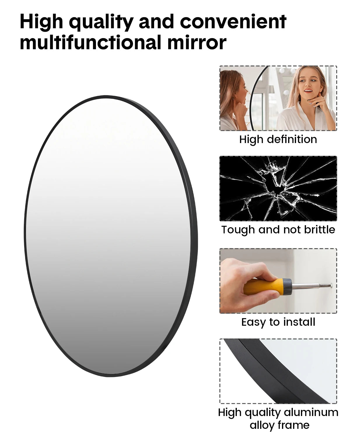 New 5mm Extra Thick Round Mirror Matte Black Aluminum Alloy Framed Bathroom Mirror HD Mirror Modern Cute Wall Mirror for Nursery