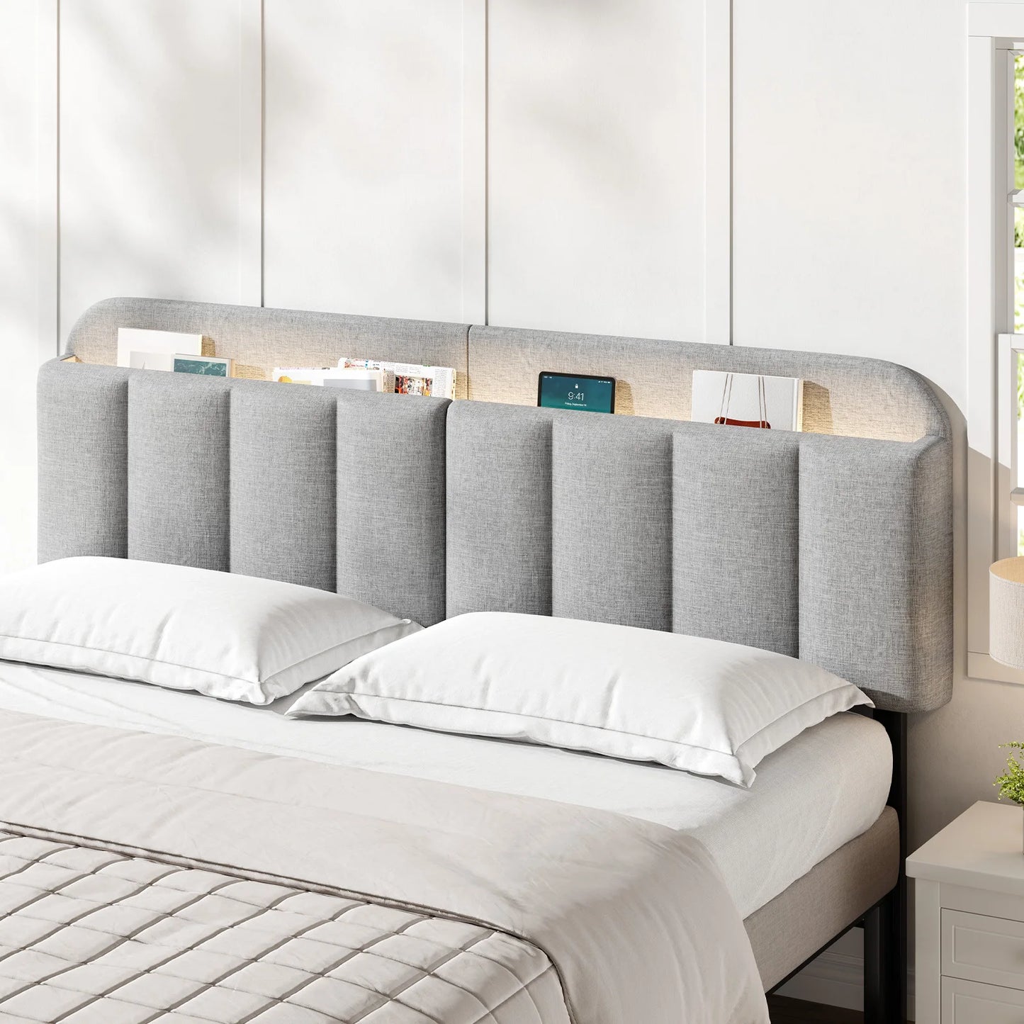 ONBRILL Adjustable Linen Headboard With RGB LED Light And Storage