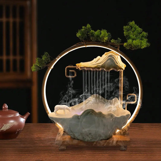 Tabletop Indoor Water Fountain With Fake Plants Mist Zen Decor